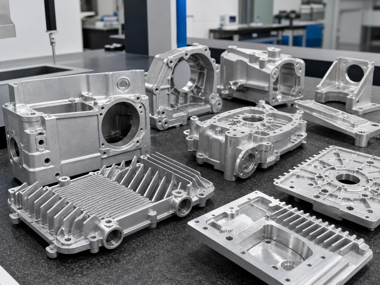 Aluminum die cast housings brackets and heat sink parts on inspection table