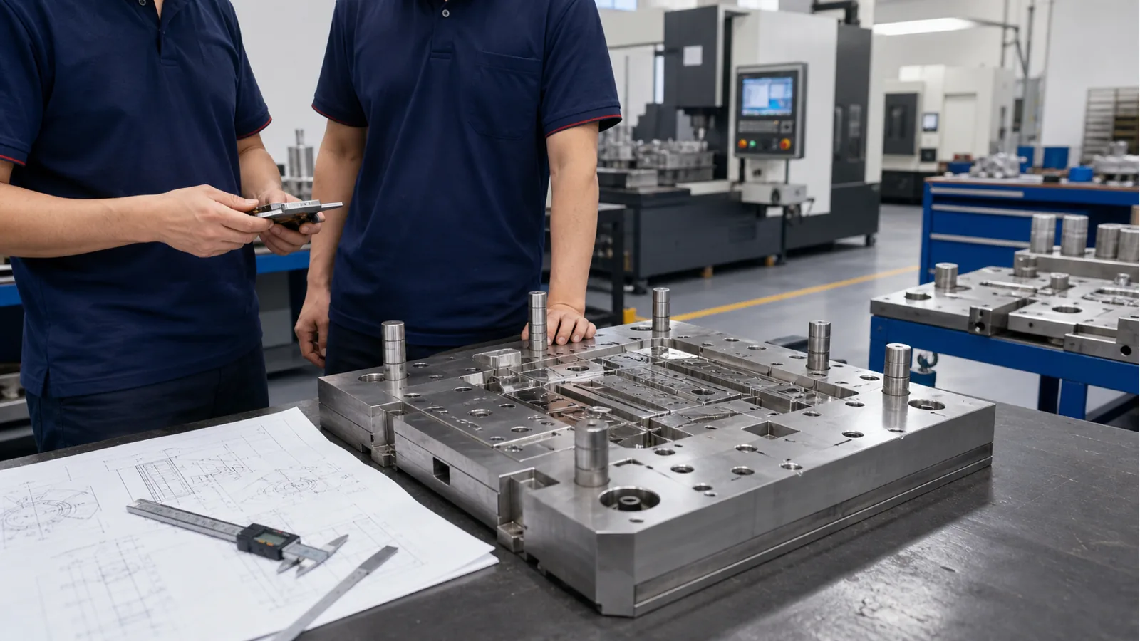 Injection mold manufacturing process review with DFM drawings and mold tooling in a workshop