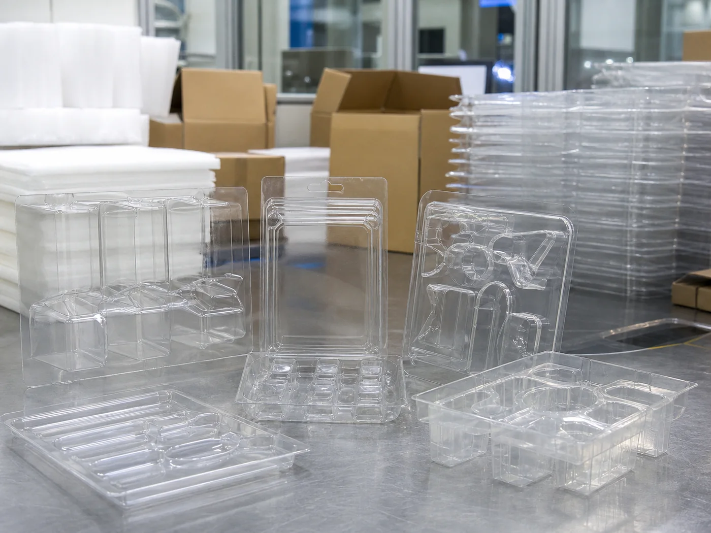 Clear thermoformed packaging trays and display parts before packing