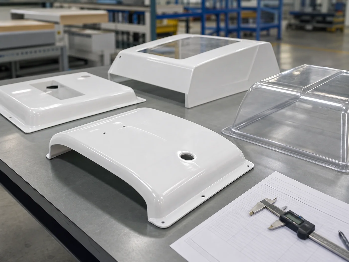 Thermoformed plastic covers and panels inspected on a factory table