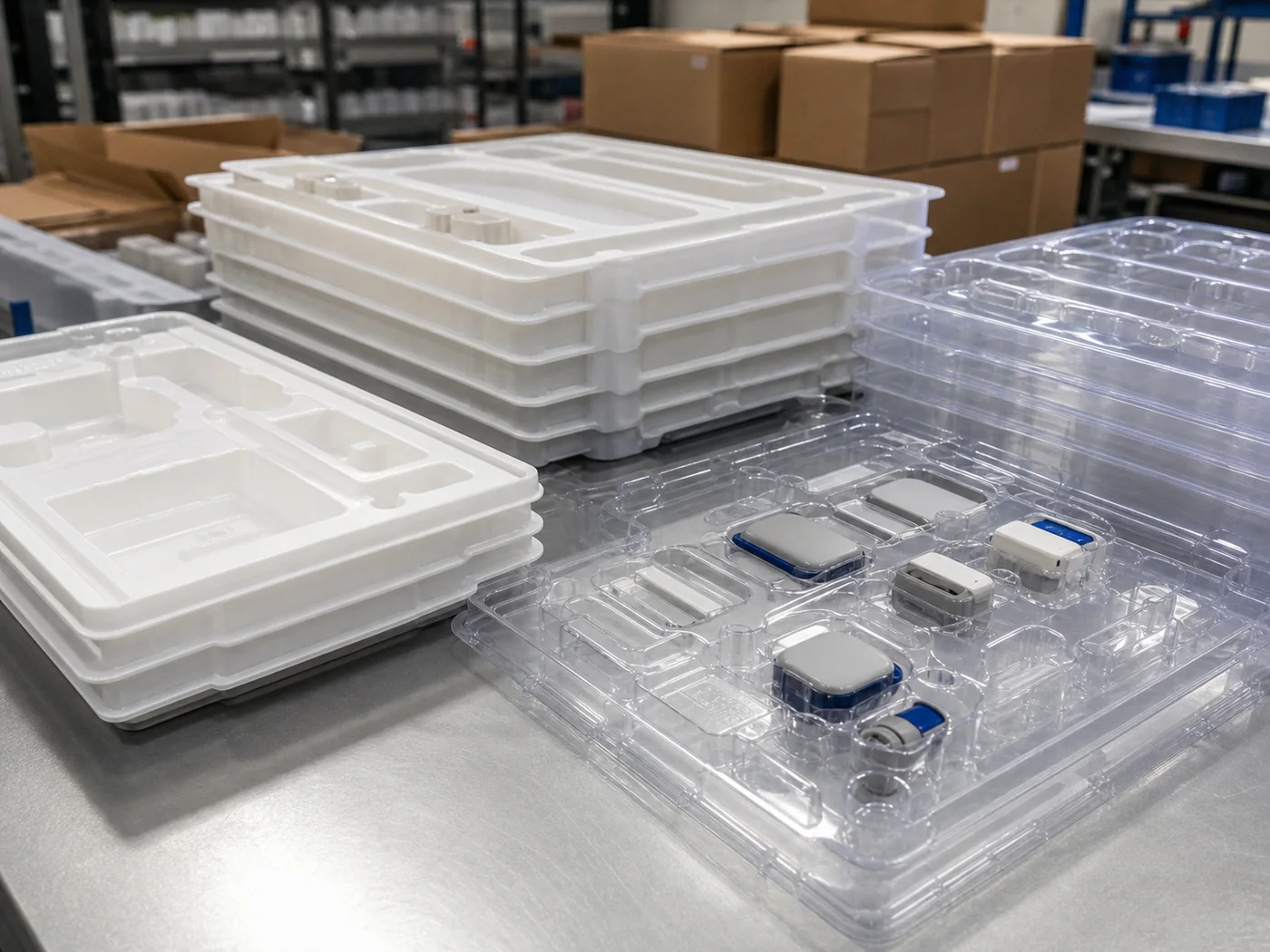 Thermoformed plastic trays and protective inserts for components