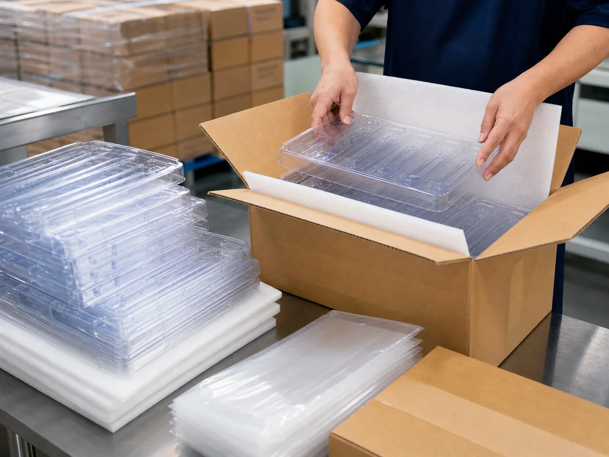 Packing thermoformed plastic trays with foam protection for shipment