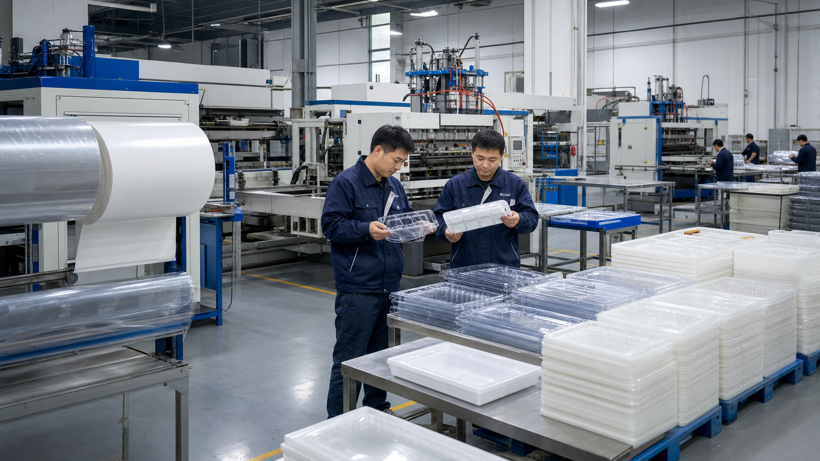 Thermoforming workshop with sheet forming machines, plastic rolls and finished formed trays