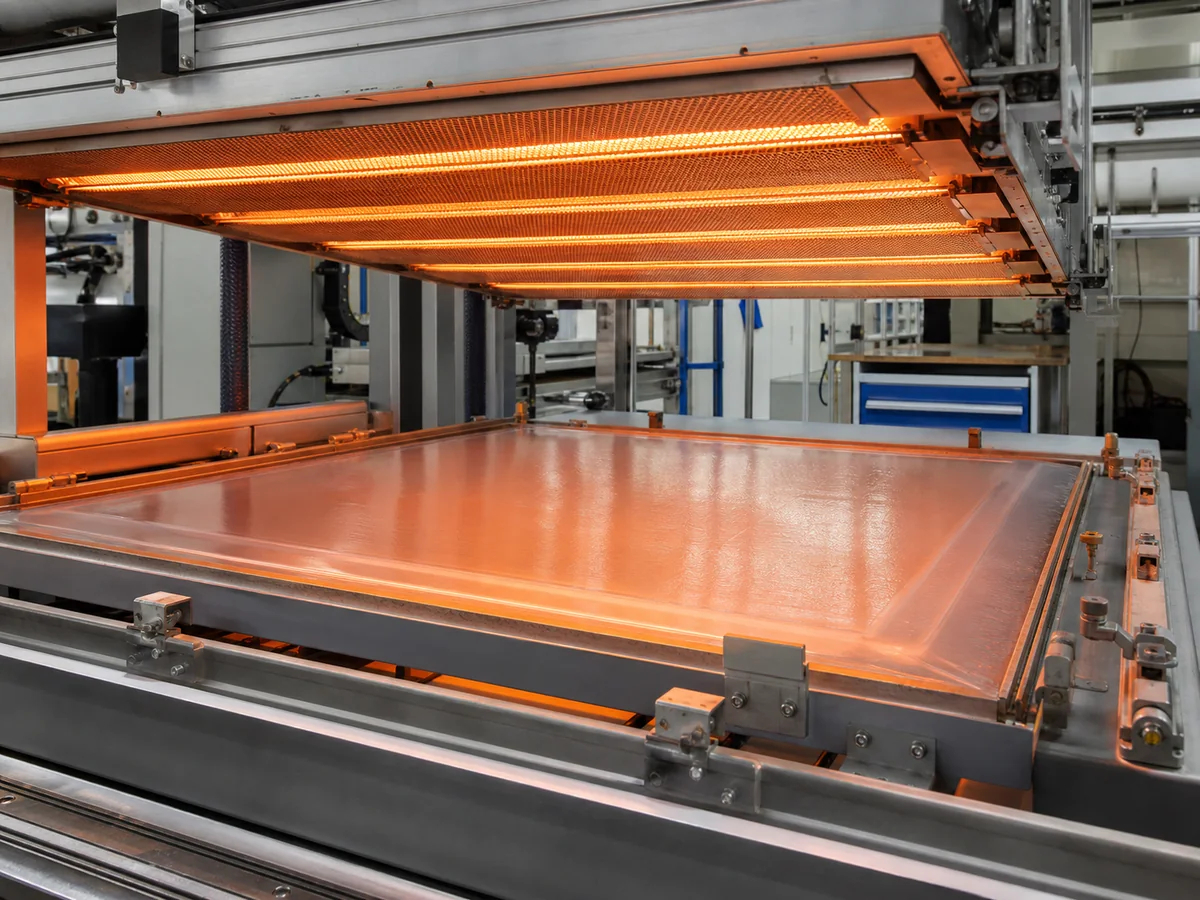 Plastic sheet heating stage in a thermoforming machine