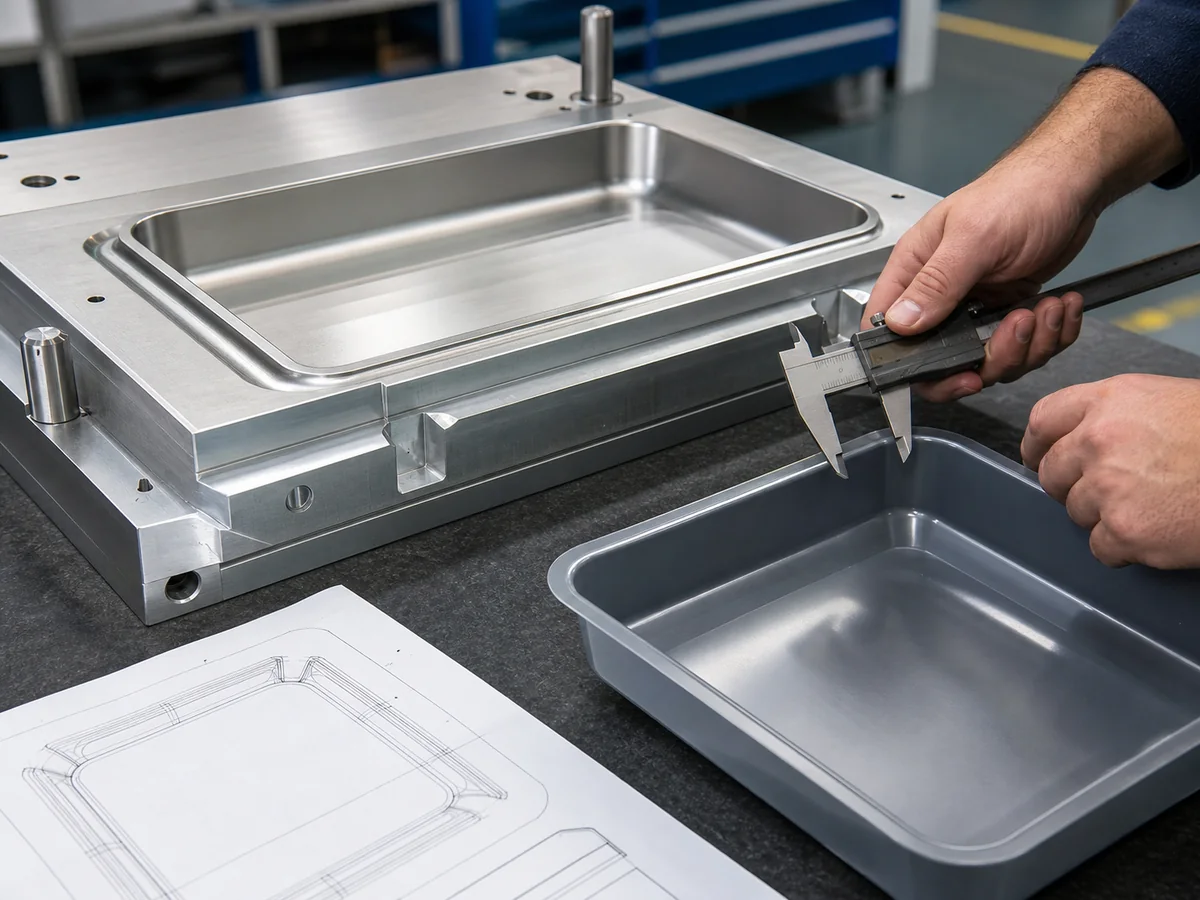 Thermoforming tooling plan with forming tool and caliper inspection