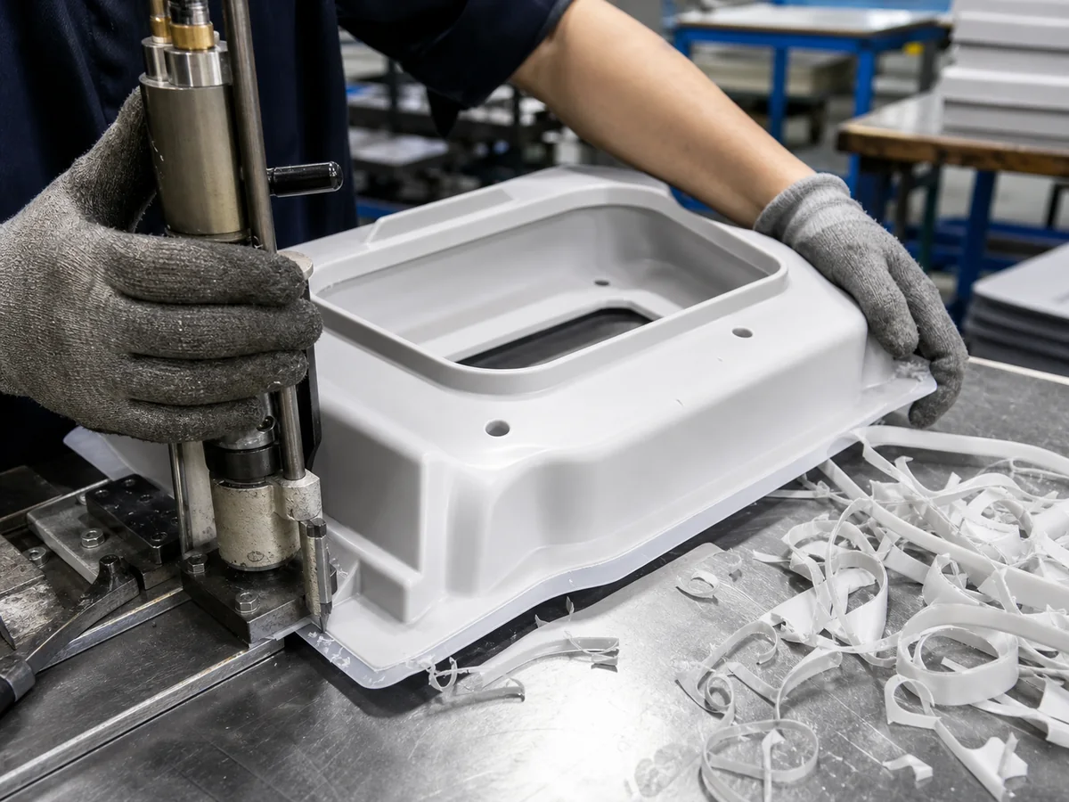 Trimming and finishing the edge of a thermoformed plastic cover