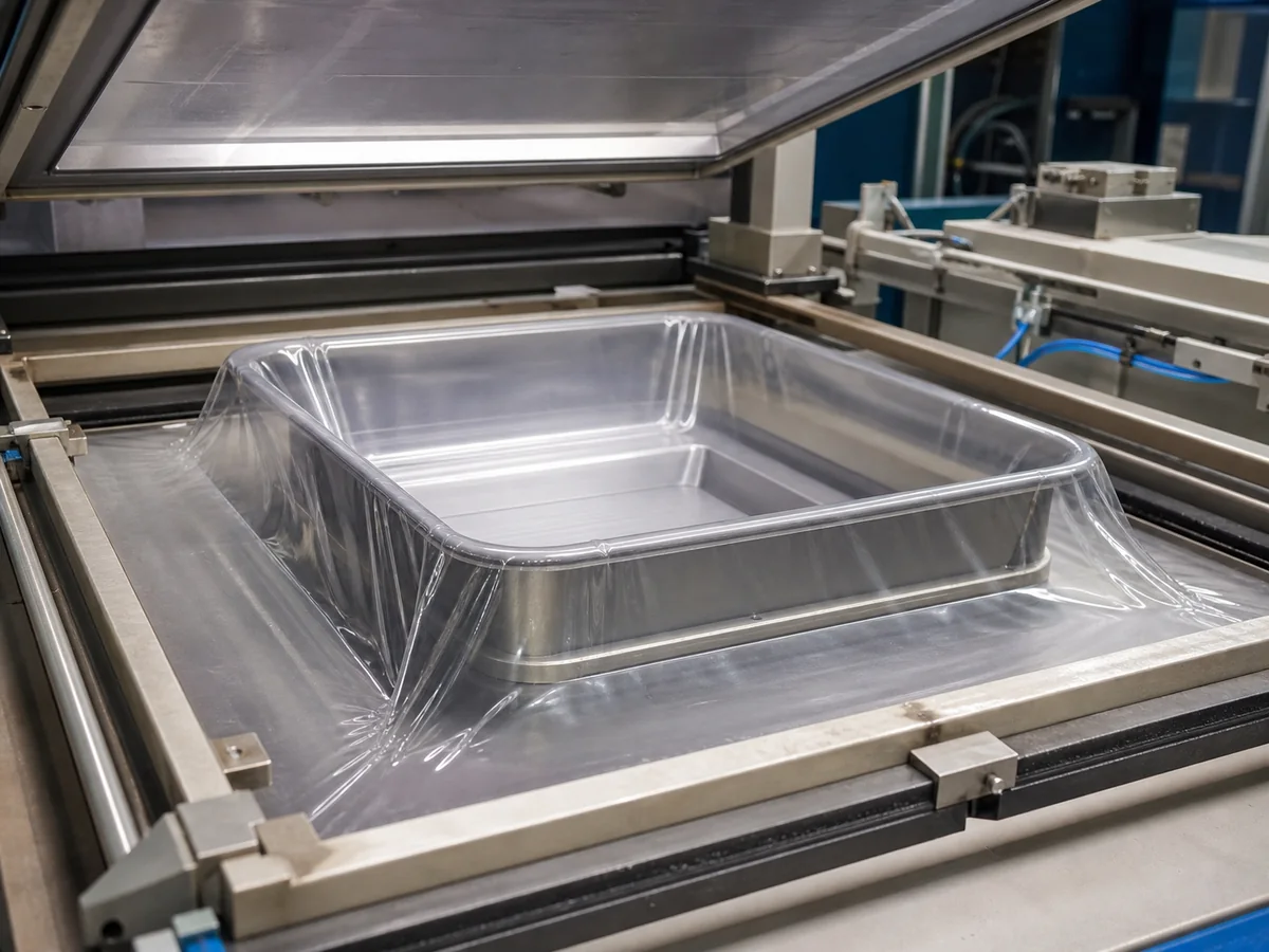 Plastic sheet vacuum forming over a tray-shaped thermoforming tool