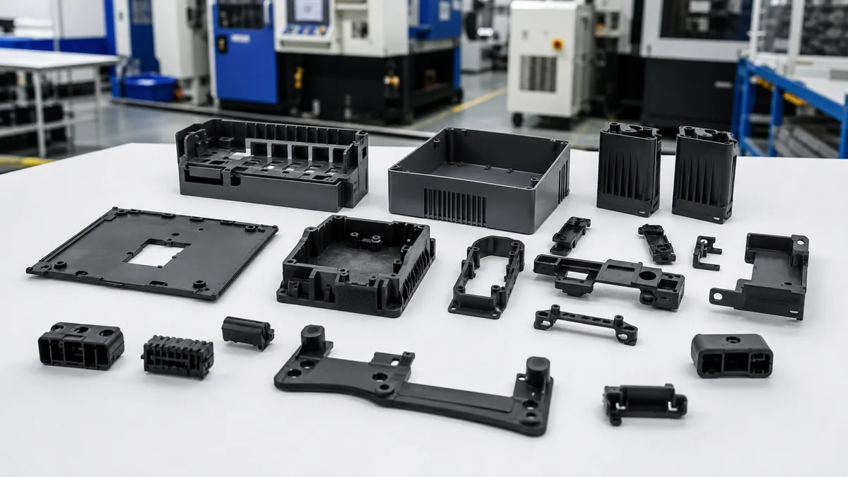 Electronics plastic enclosure with screw bosses and rib structure