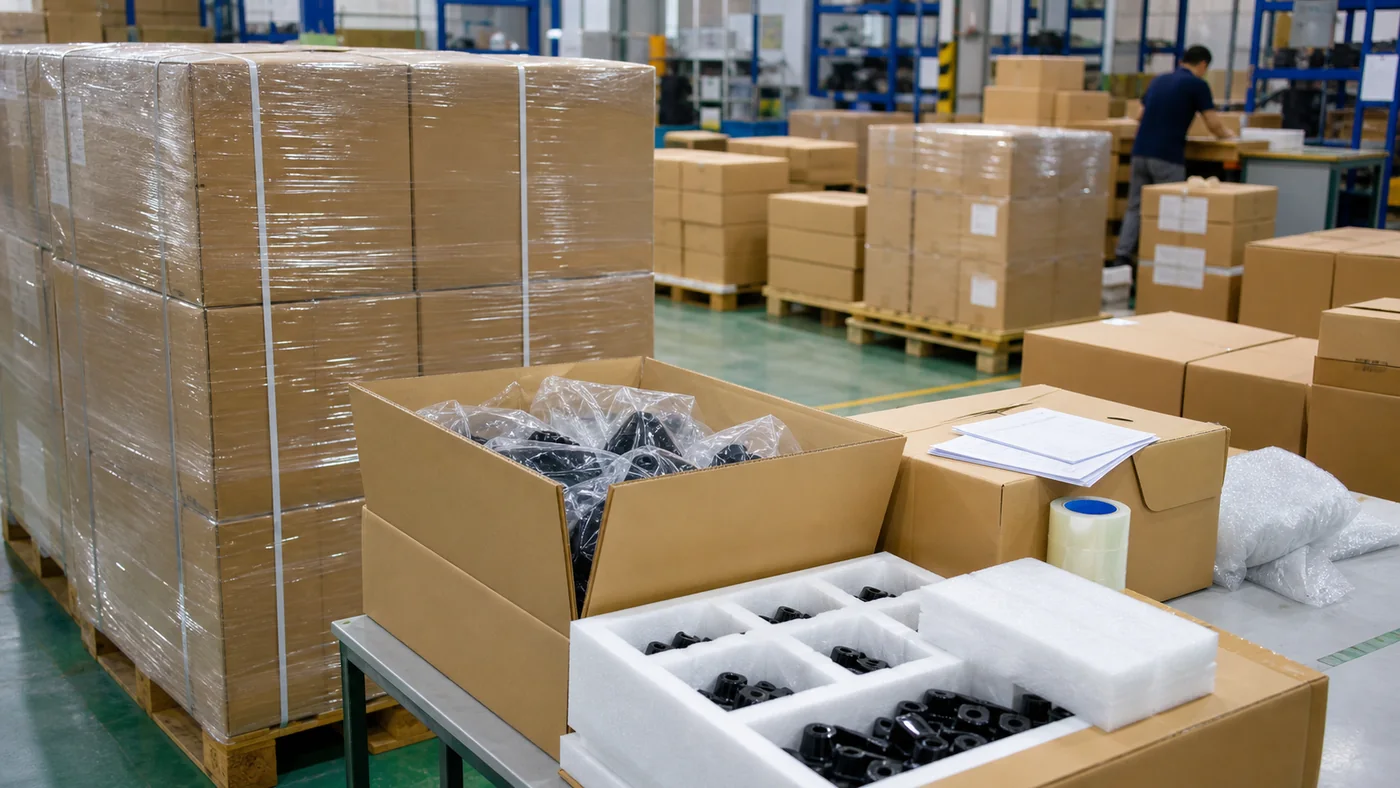 Packed cartons and protected plastic parts ready for export shipment