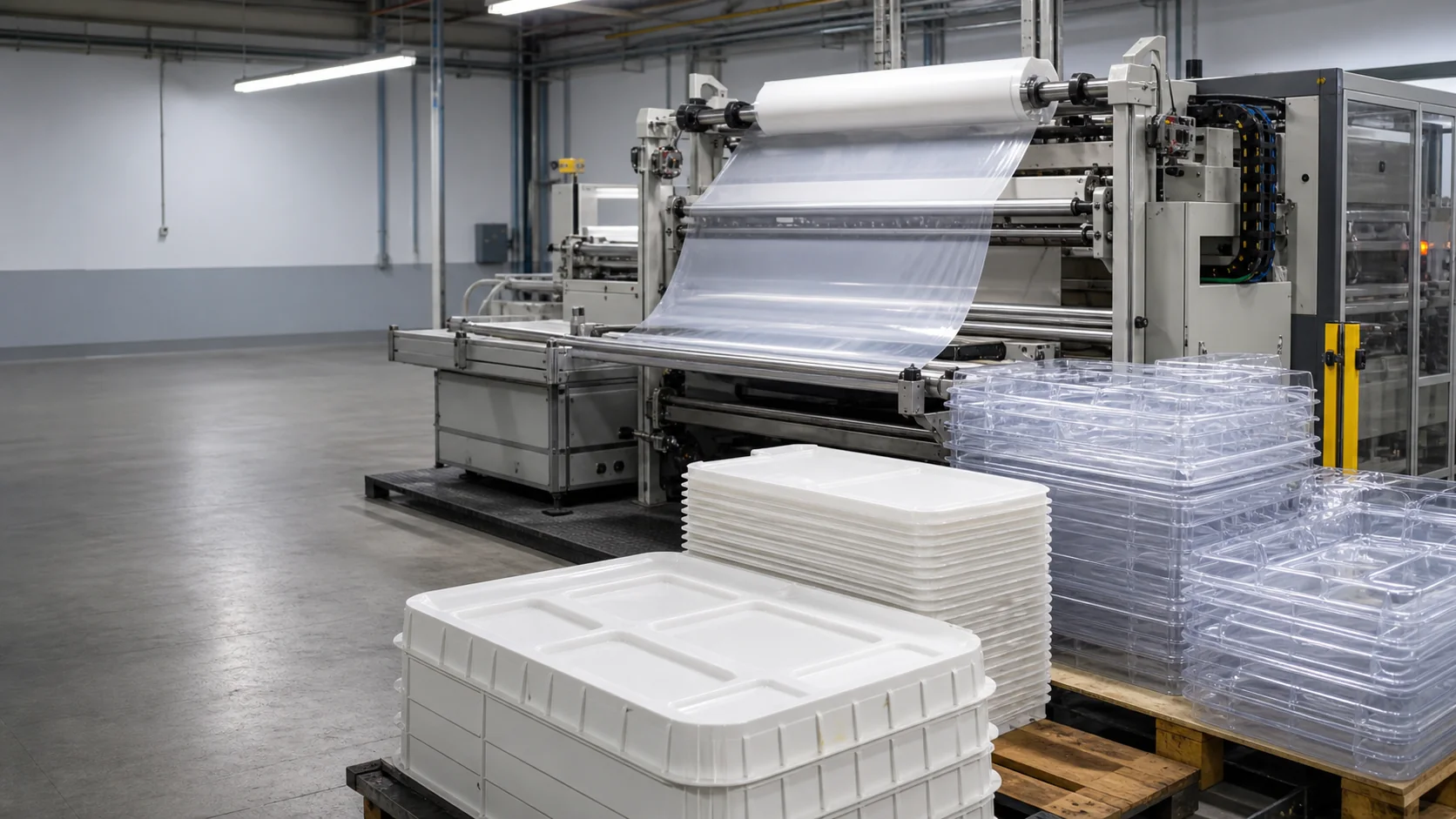 Plastic thermoforming machine and formed plastic trays
