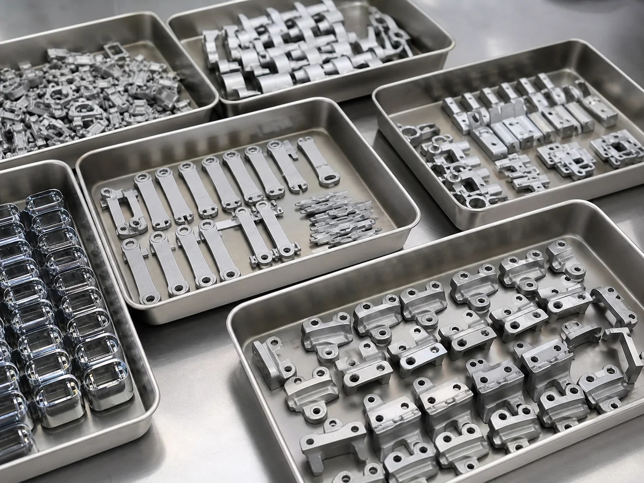 Small zinc alloy die cast components arranged in metal trays
