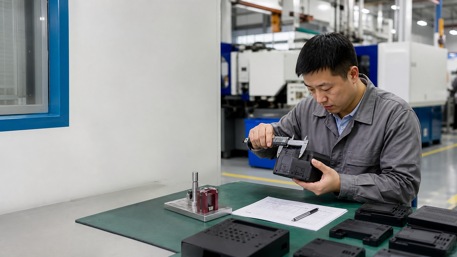 Chinese quality inspector measuring an injection molded electronics enclosure