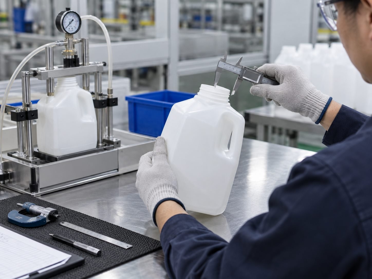 Illustrative blow molding quality inspection for a hollow plastic container