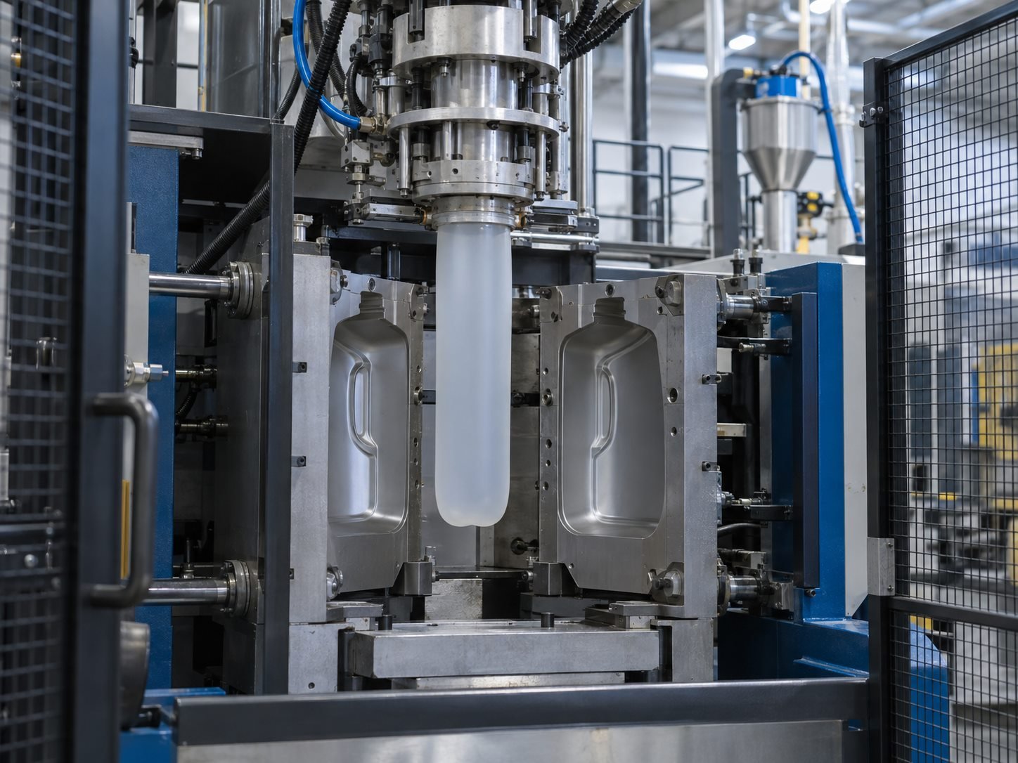 Illustrative extrusion blow molding process for custom hollow plastic parts
