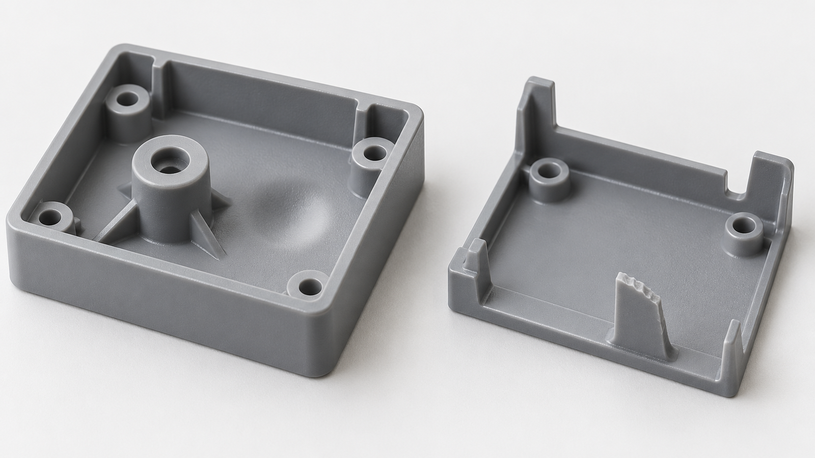 Concept illustration comparing a sink mark near a screw boss with an incompletely filled plastic feature.